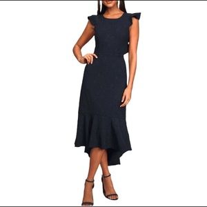 Lulu’s Navy Blue Ruffle Sophisticated Soirée Jacquard Dress